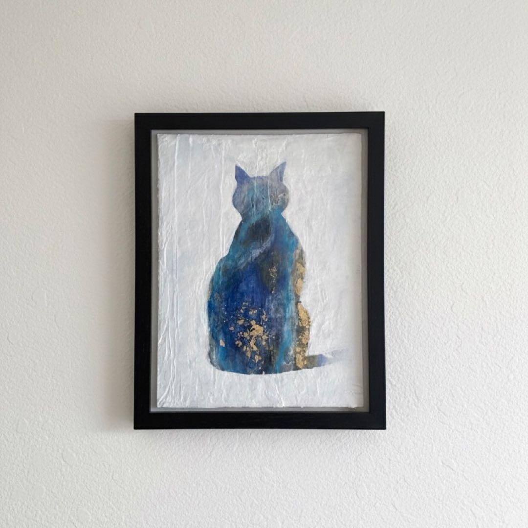 青い猫の絵 原画 テクスチャーアート アクリル画 北欧 ナチュラル アートパネル