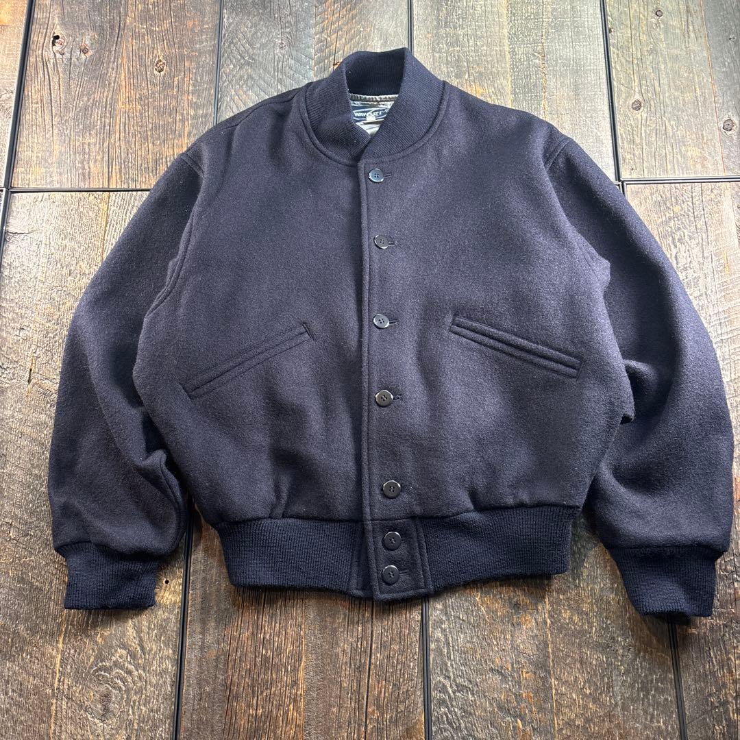 古着　メルトンウール　短丈ボンバージャケット　太アーム　ネイビー　L.