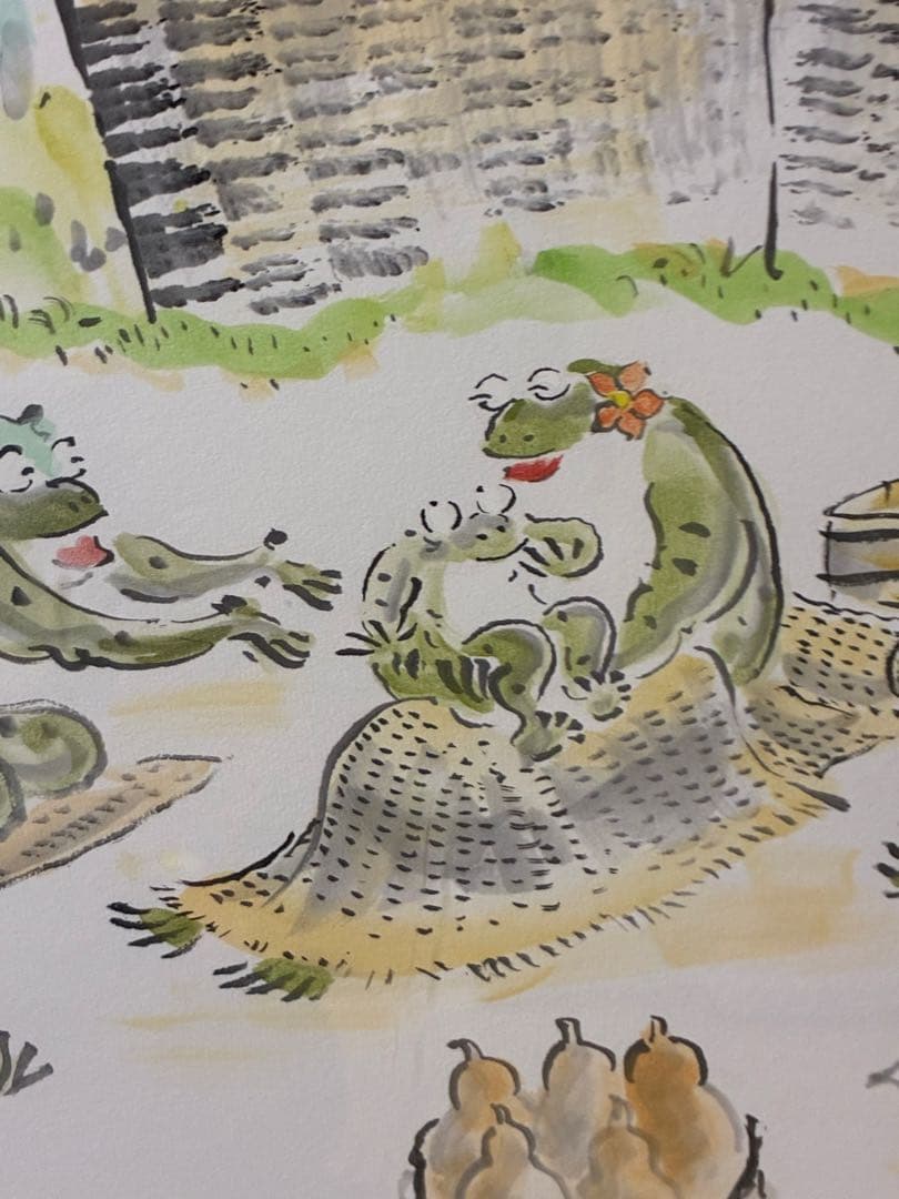 カエルの家族 日本画　ご誕生　開運画 Amazon.co.jp: 希望への行進｜風水 絵画 うさぎ カエル インテリア