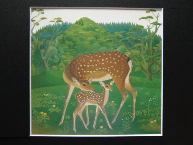 吉岡堅二、【奈良の鹿】、希少な大判額装用画集より、美品、日本人画家、新品額装付