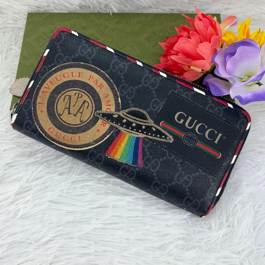美品✨ グッチ　長財布　ラウンドファスナー　ナイト　クーリエ　レザー　ブラック
