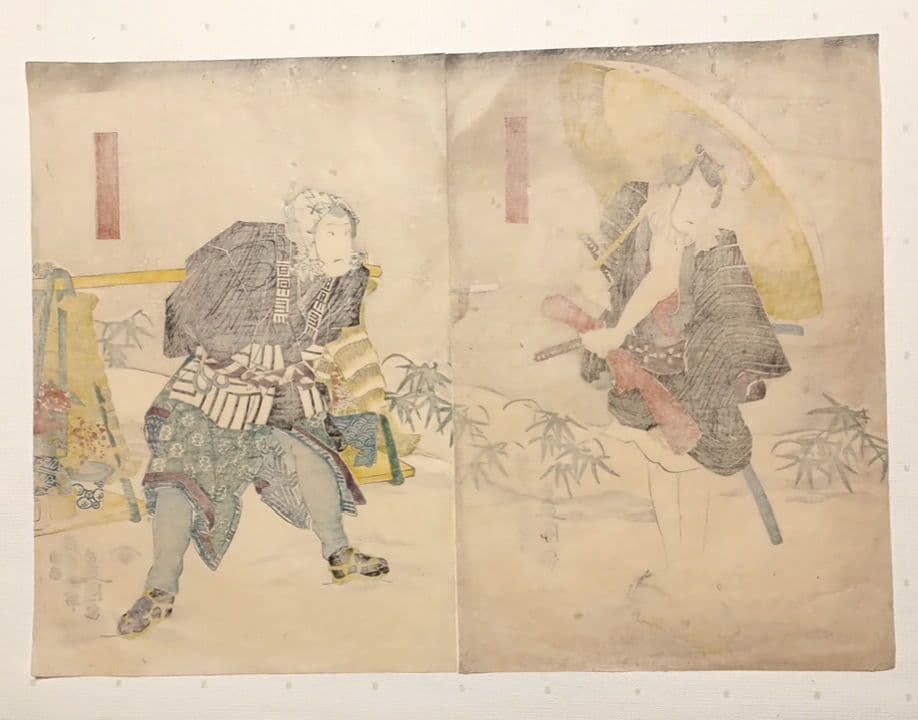 浮世絵版画役者絵三枚綴り右側と真ん中の2枚売り三代豊国画 弘化4年