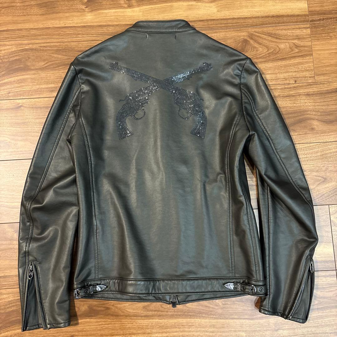 roar ロアー レザージャケット シングルライダース M 二丁拳銃 Horn Works 本革 襟付きシングルライダースジャケット メンズ ホーン