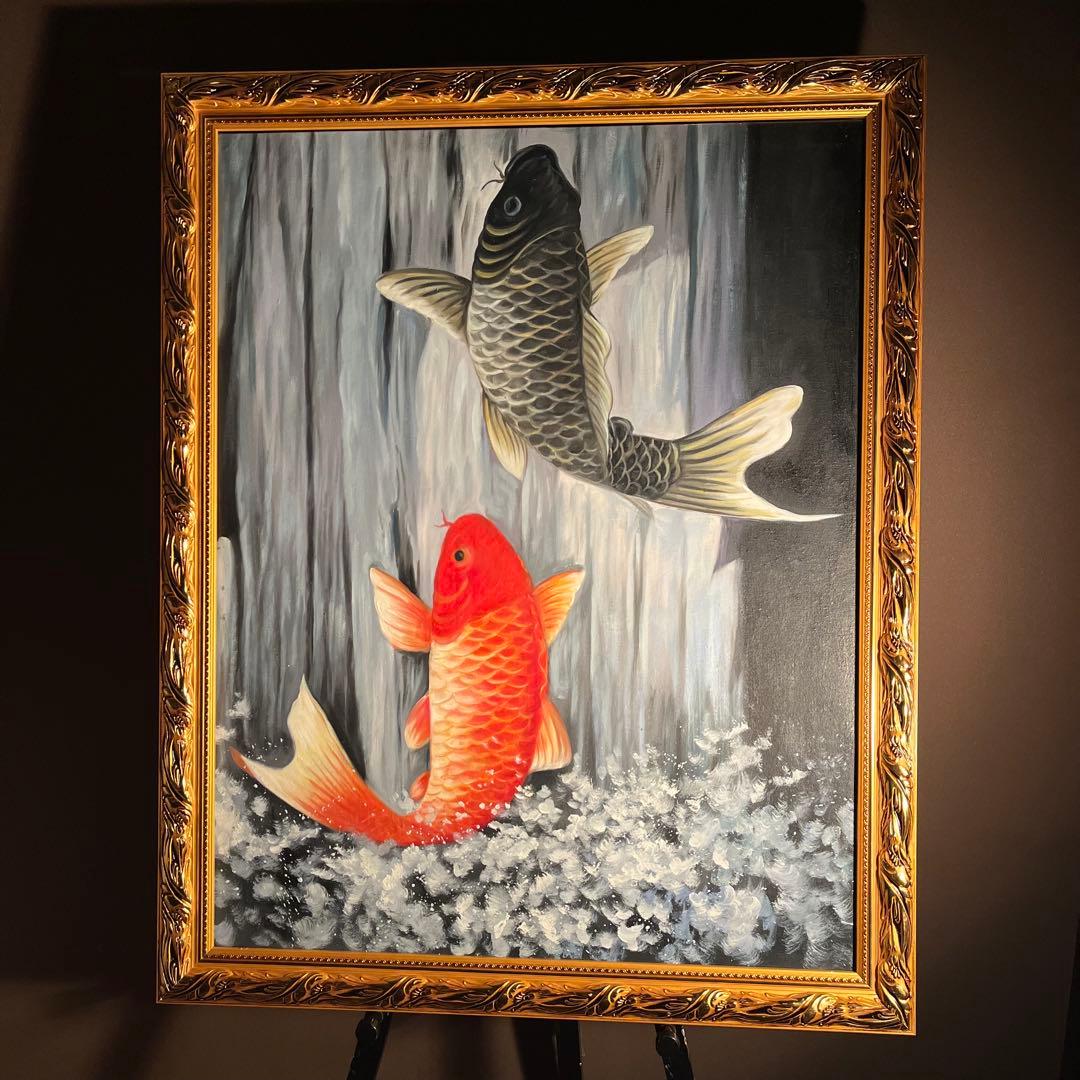 ★特大★ 手書き油絵 鯉の滝登り 肉筆絵画 額付き 油彩画 金運 開運
