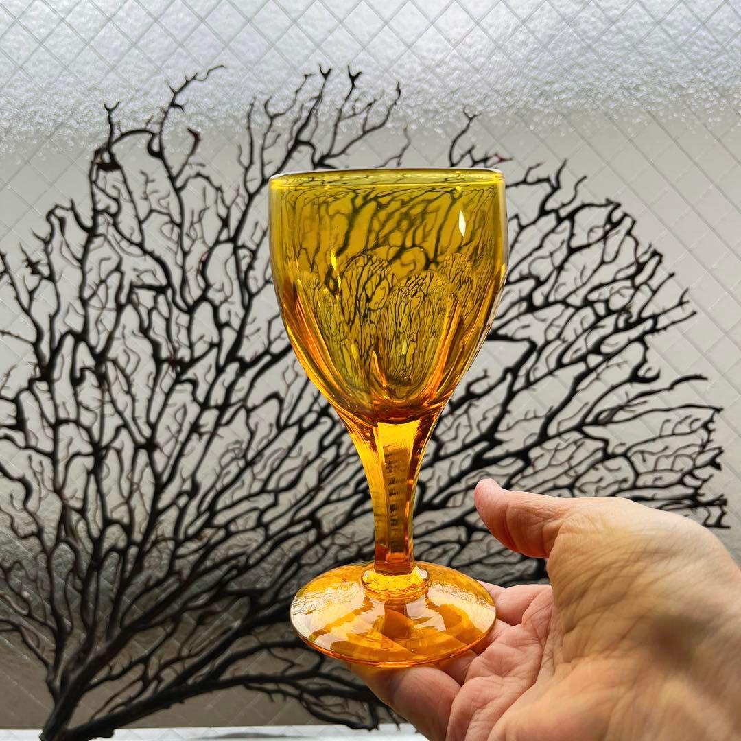 骨董　時代ガラス　希少鼈甲色　ライトアンバー飴色　オーバルカット　切子　ウラン