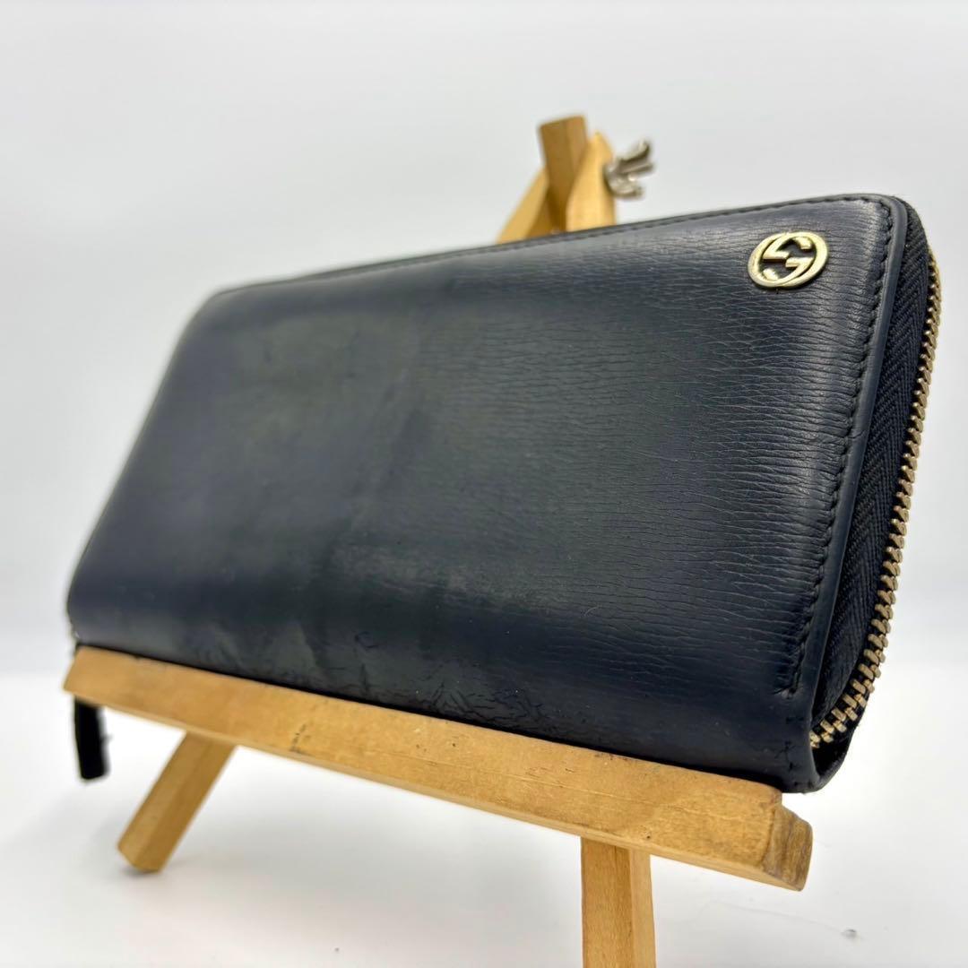 GUCCI グッチ 長財布 ラウンドジップ インターロッキング レザー ブラック GUCCI グッチ インターロッキングG 長財布 レザー メンズ 中古