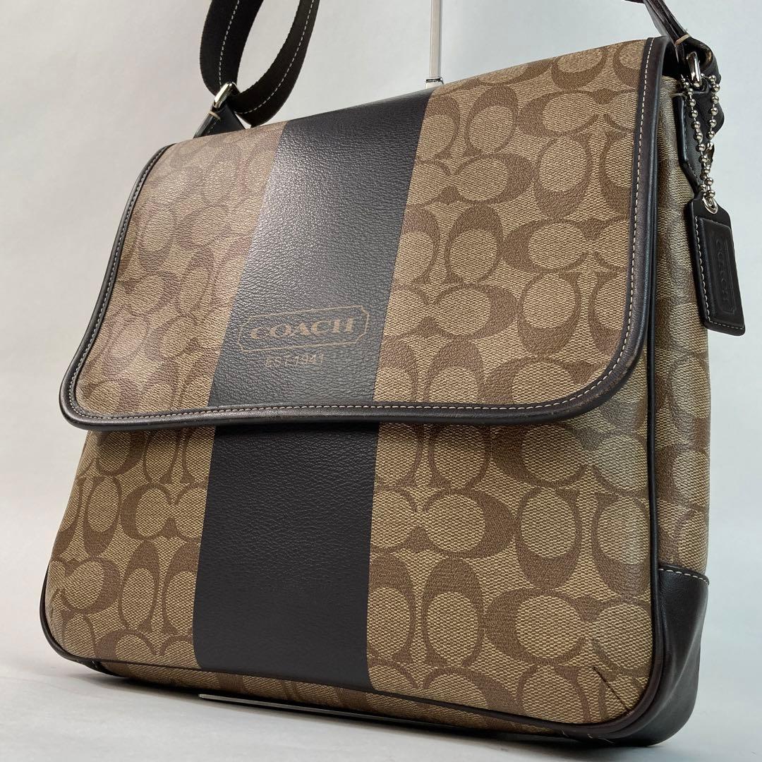 【美品・A4可】コーチ ショルダーバッグ ヘリテージ ストライプ マップバッグ