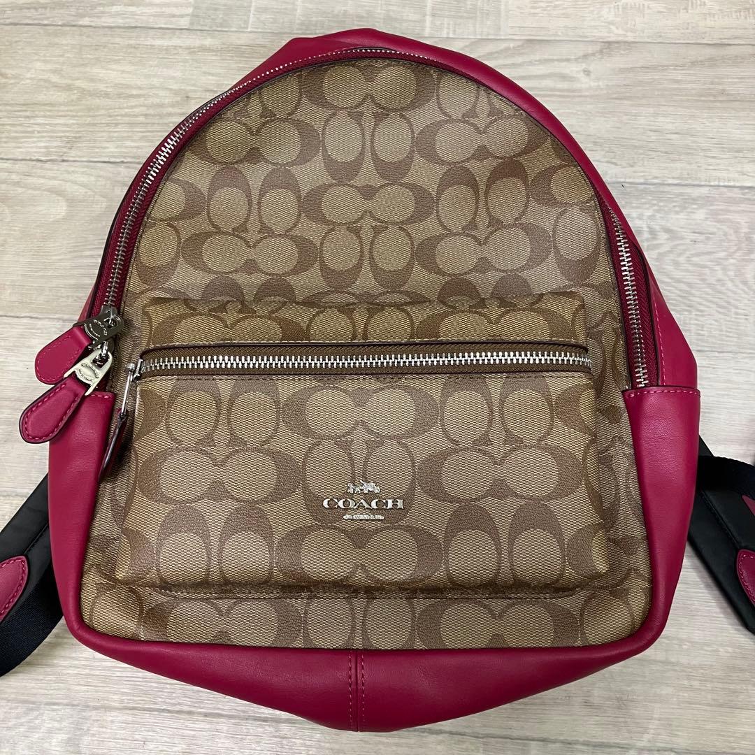 美品 COACH バックパック リュック シグネチャー ピンク 中古・古着通販】COACH (コーチ) シグネチャーミニレザーリュック