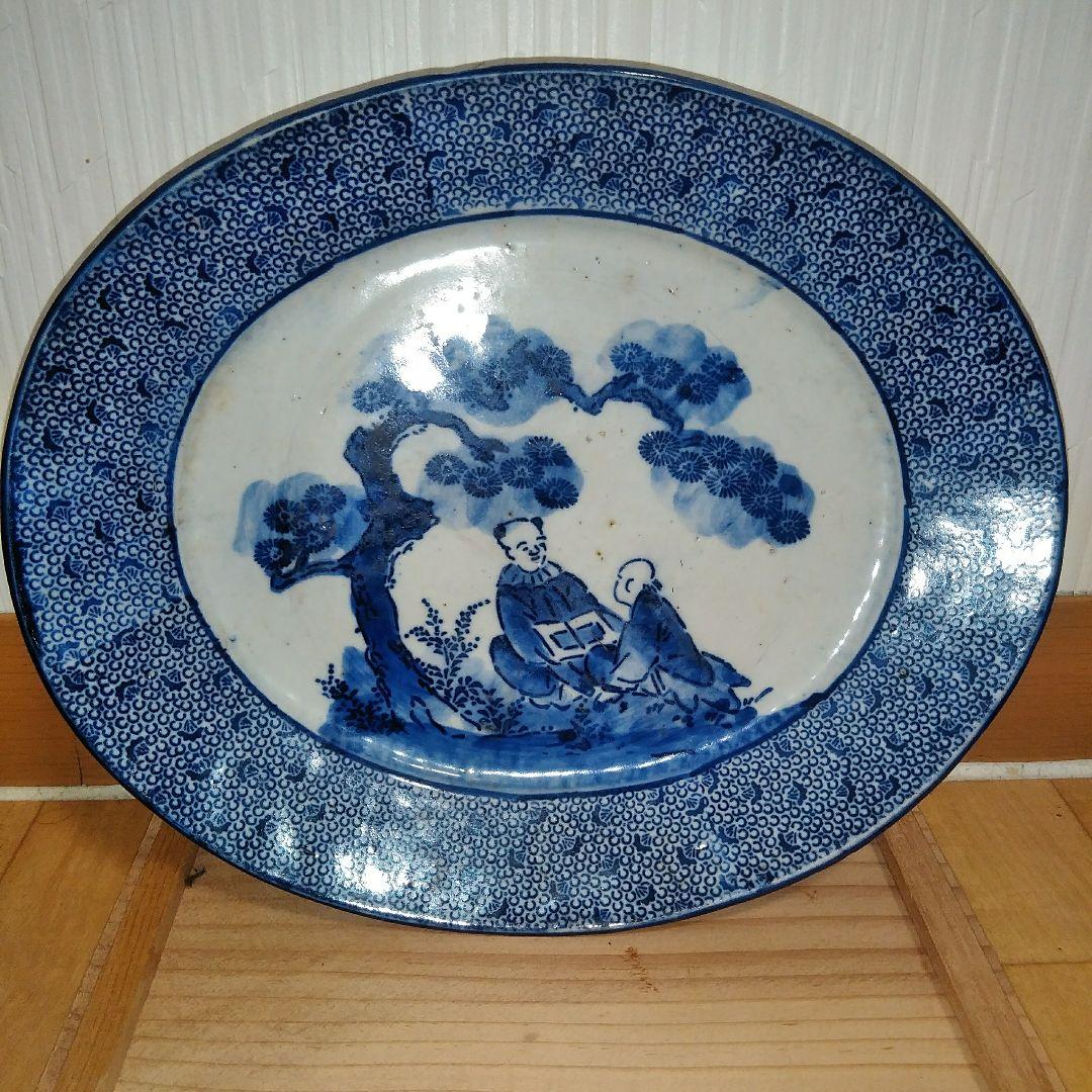 幕末～明治期　古伊万里　染付　見込みに唐人図　微塵唐草文　山水人物図　24cm 江戸幕末染付山水と微塵唐草図入隅角なます皿①少フリモノ | 吉祥寺