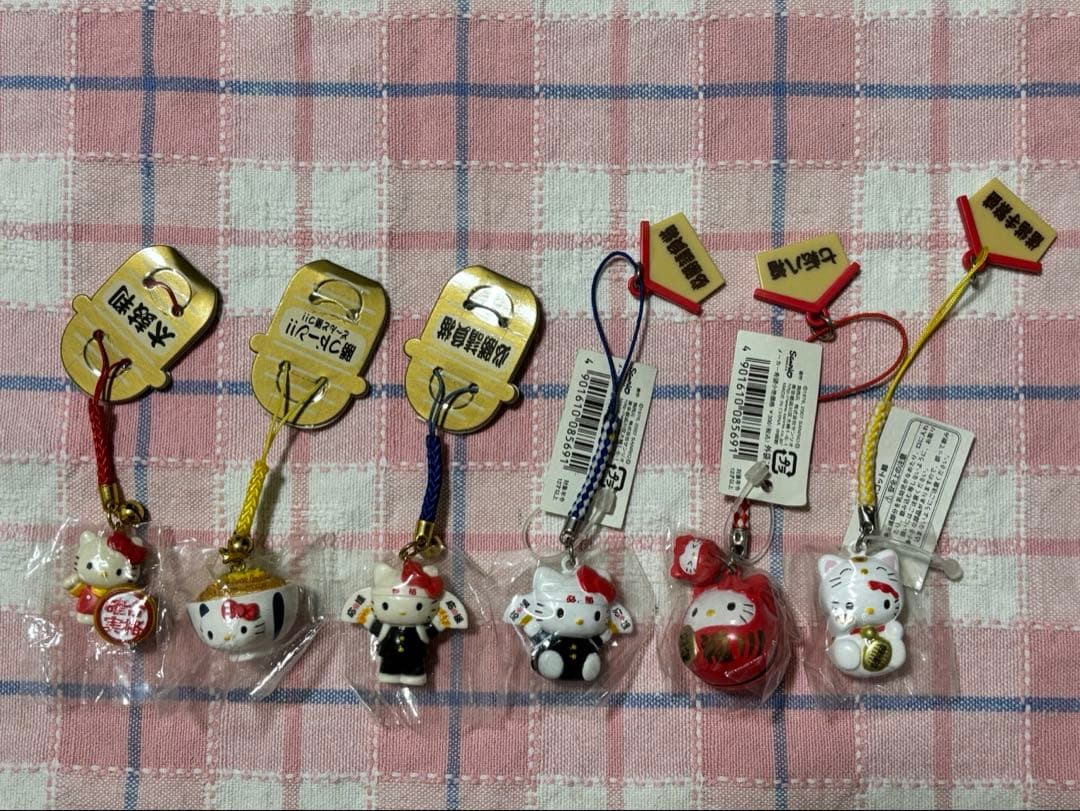 ハローキティ根付ストラップ 開運祈願６種セット ハローキティ こうのとりキティ 根付けストラップ ピンク＆ブルー