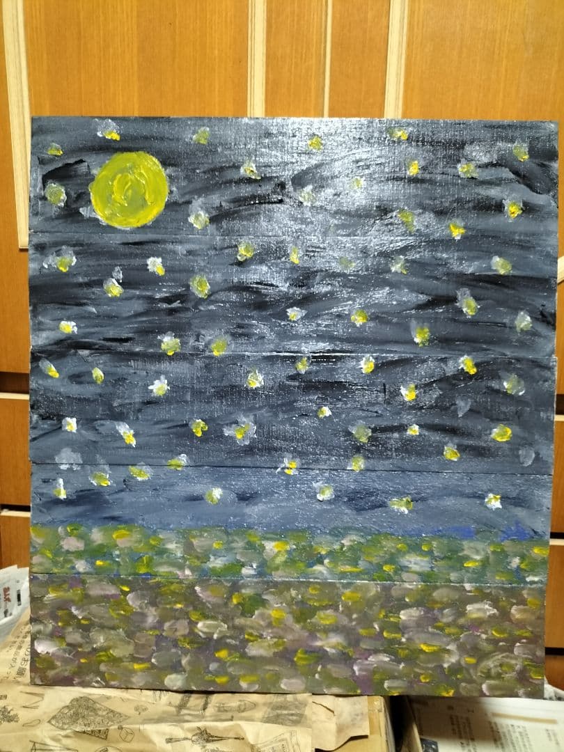 オリジナルイラスト　油絵　背景画　風景画　夜空 湖畔の静かな夜空」 by MIYU｜Artmeter｜暮らしを彩るアートが、きっと