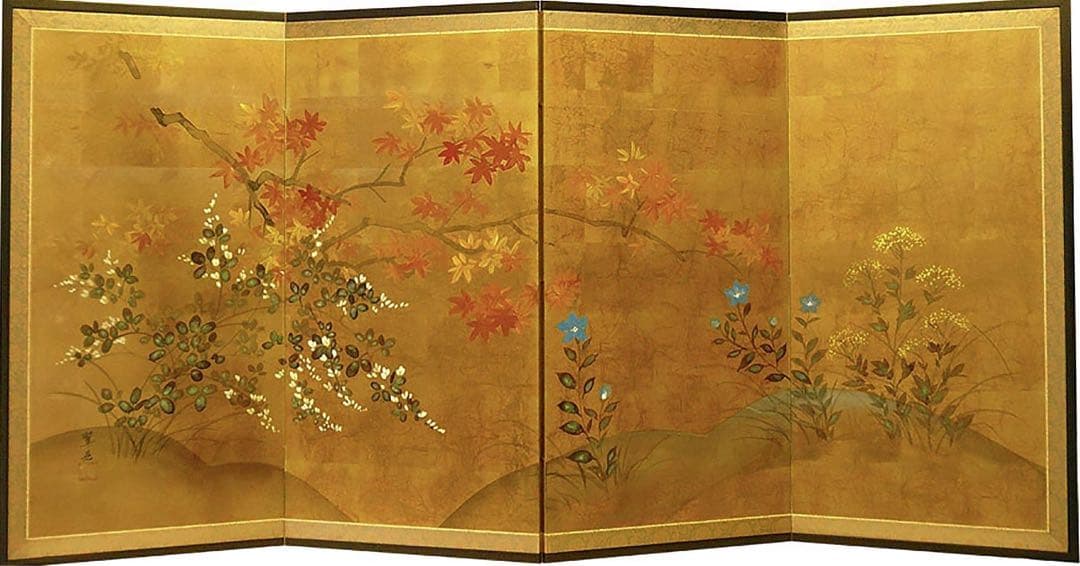 四つ折り屏風　日本画　金箔彩色　紅葉に露草