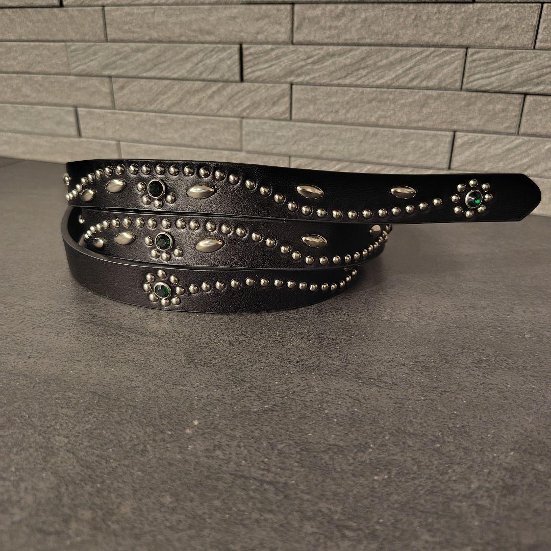 フラワー緑□本革レザーフルスタッズナローベルト☆アメカジ古着