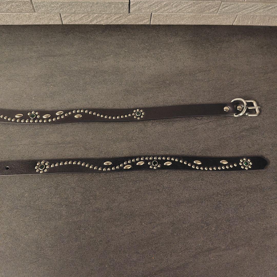 フラワー緑□本革レザーフルスタッズナローベルト☆アメカジ古着