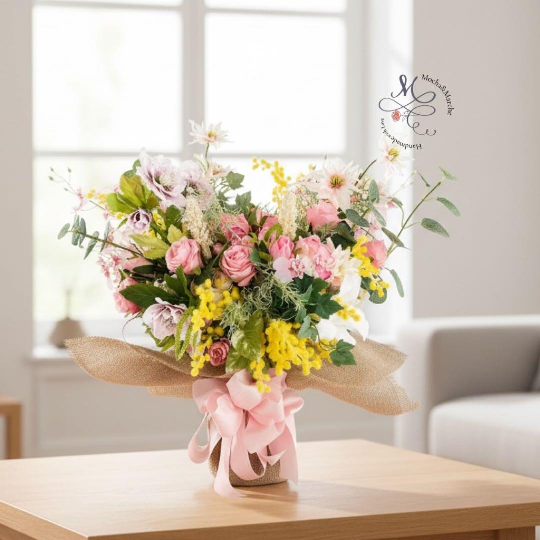 春を束ねた飾る花束ブーケ｜ミモザ・クリスマスローズ・薔薇 光触媒フラワー