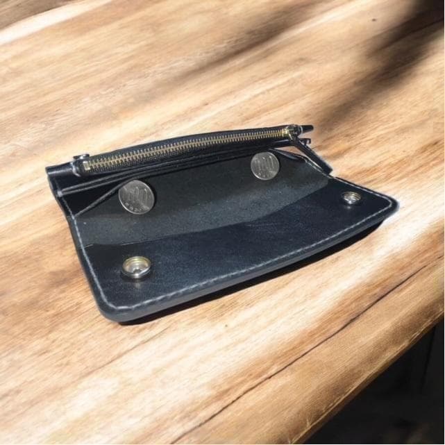 ロングトラッカーウォレット/姫路レザー芯通し黒色/ステッチ白色/フル