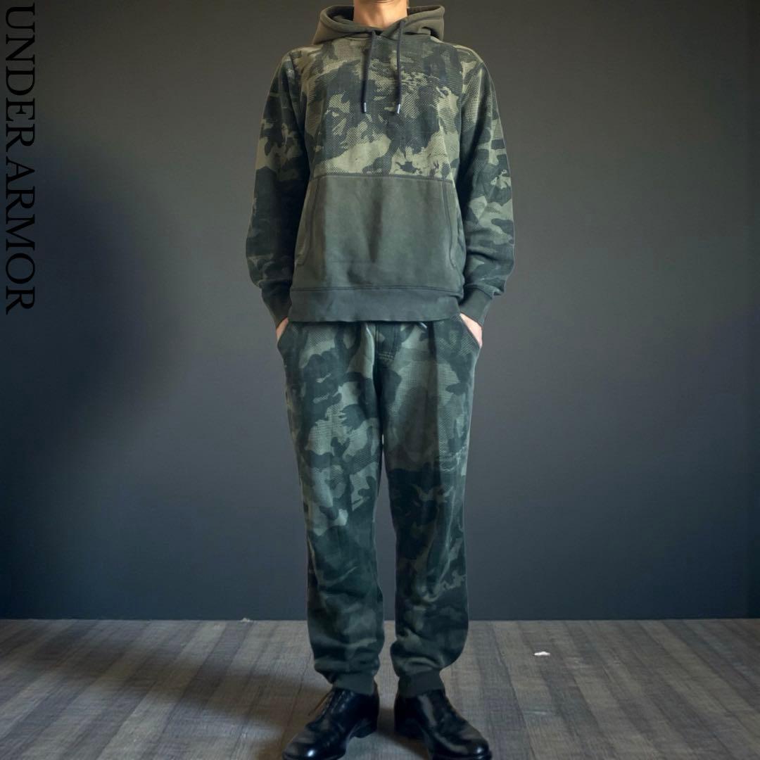 00s UNDER ARMOUR ヘビーウエイト迷彩スウェットセットアップ上下 アンダーアーマー 希少な蛍光ロゴ 迷彩上下セットアップ Mサイズ