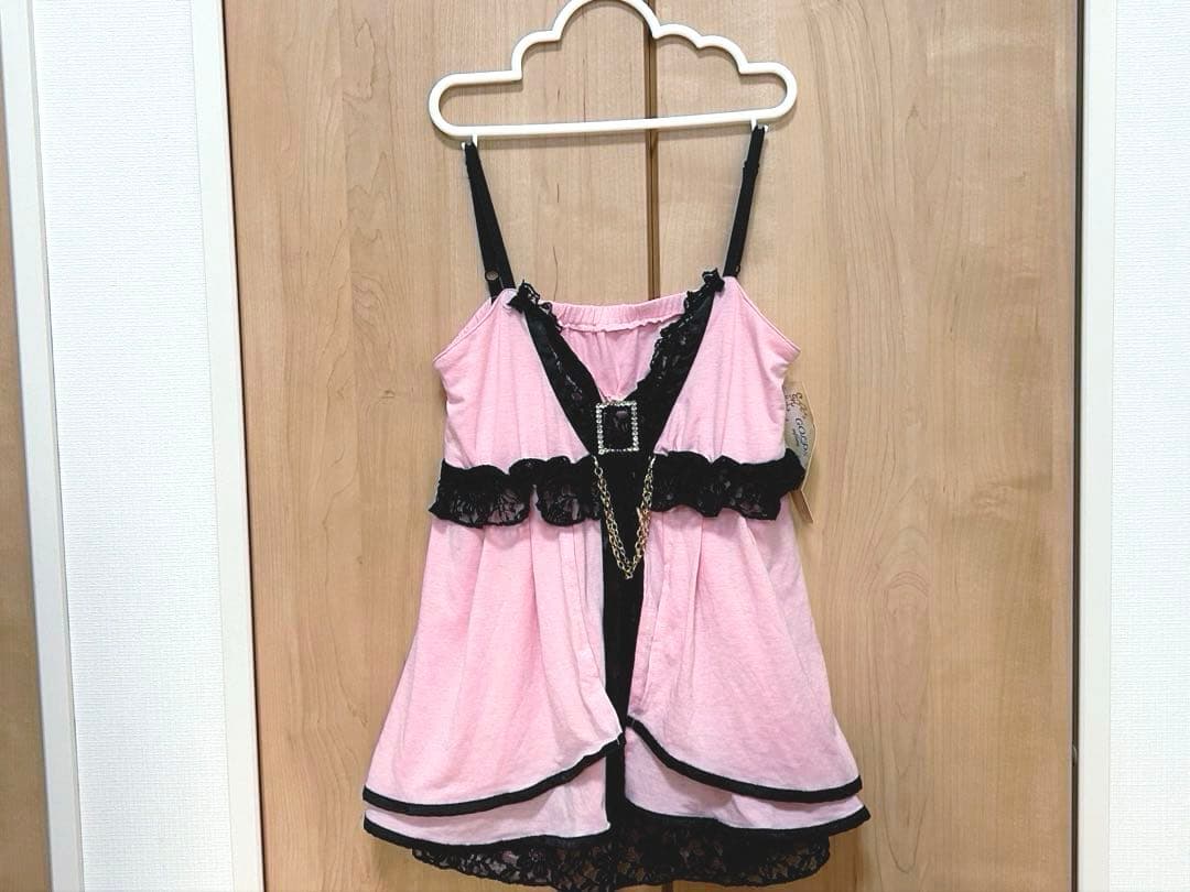 タグ㈲♡GOLDS♡ビジューバックル付きゴールドチェーン♡配色キャミトップスPK