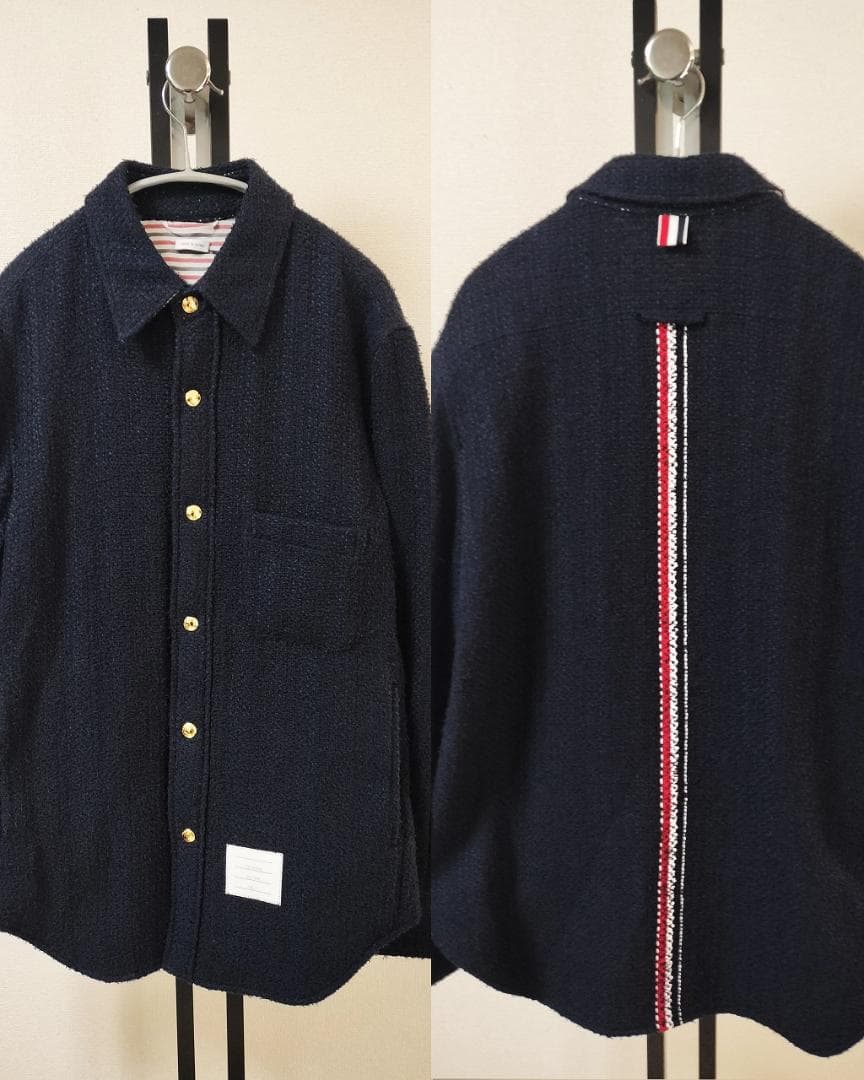 トムブラウン/ツイードシャツジャケット/金ボタン/トリコロールストライプ/肉厚