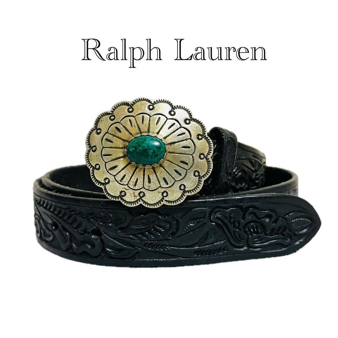 ラルフローレン　レザーベルト　コンチョバックル　カービングレザー　ブラック