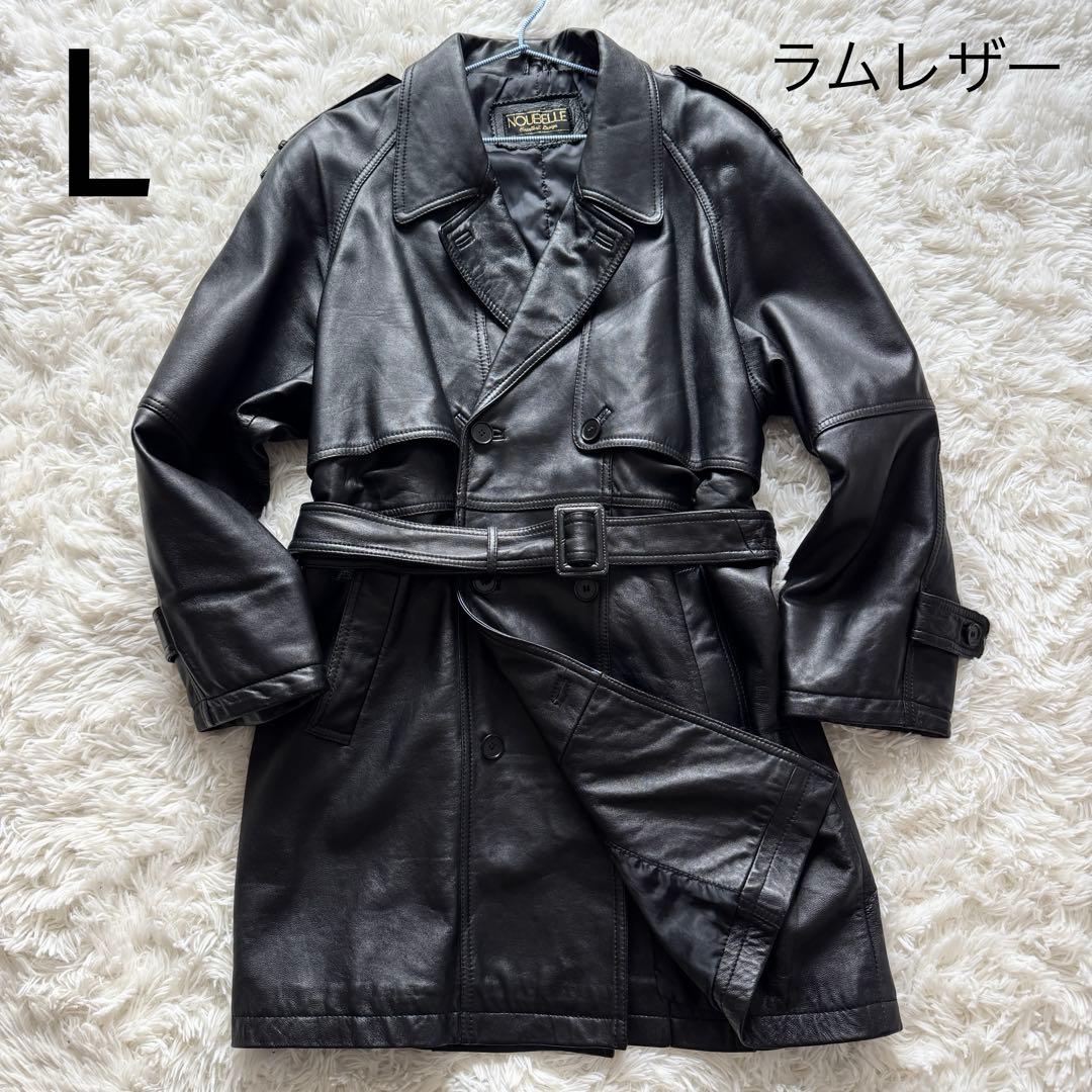 【vintage】羊革 本革 ラムレザー トレンチコート ロング丈 ブラック L