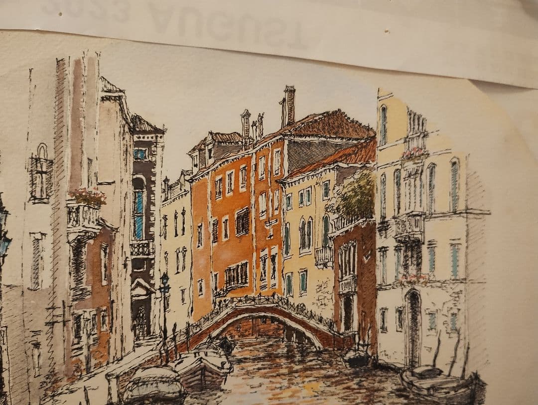 水彩画　三觜正之　広場に立つ教会