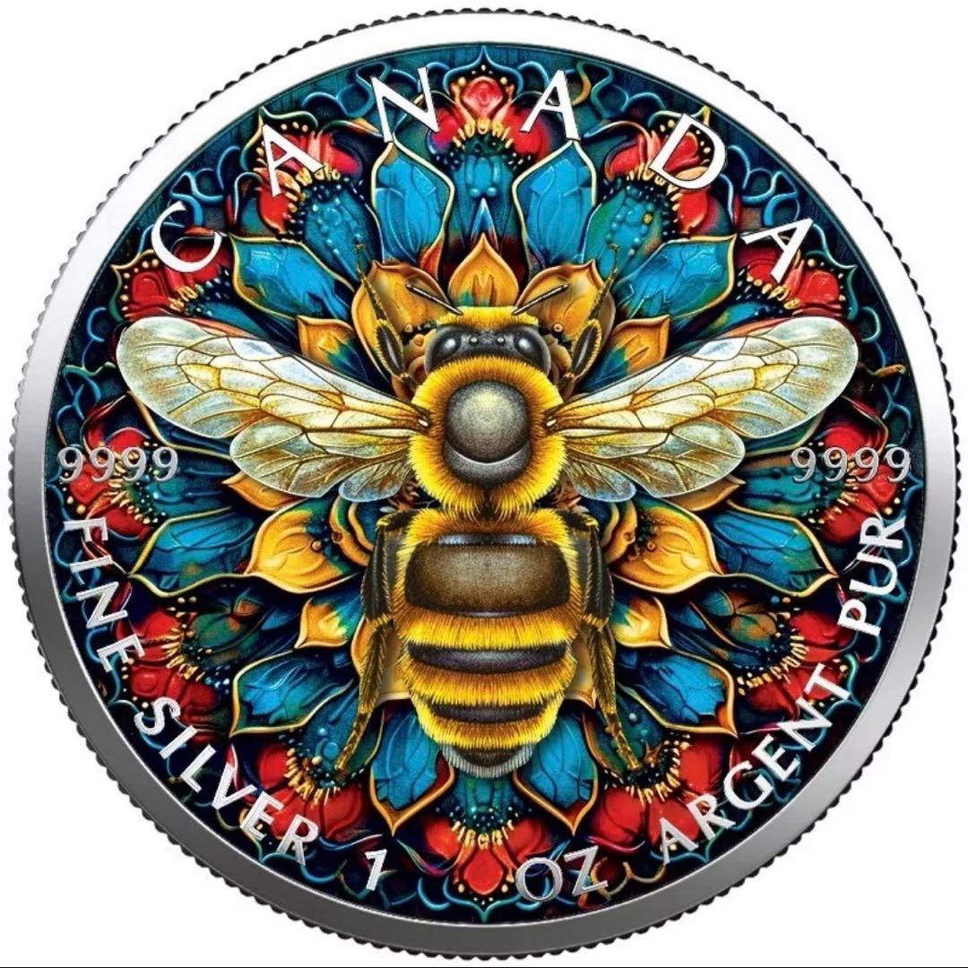 【世界限定100枚】メイプル銀貨 ミツバチ 蜜蜂 曼荼羅 2024 1オンス カナダ 2025年 自然の喜び ミツバチ 20ドル六角形銀貨金メッキ付