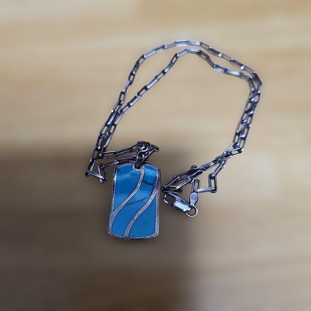 ターコイズ×シルバー　ネックレス チェーン付き　ドッグタグタイプ