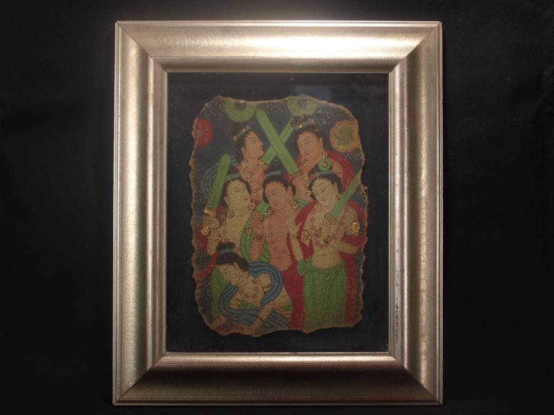 骨董市掘り出し品 中国唐時代　敦煌莫高窟壁画 彩絵人物像 AK1891A7-2