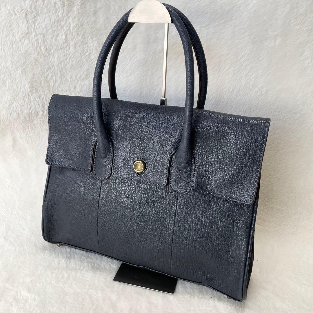 トフ＆ロードストーン トート ルーフボタン　ネイビーブルー　 本革　シボ