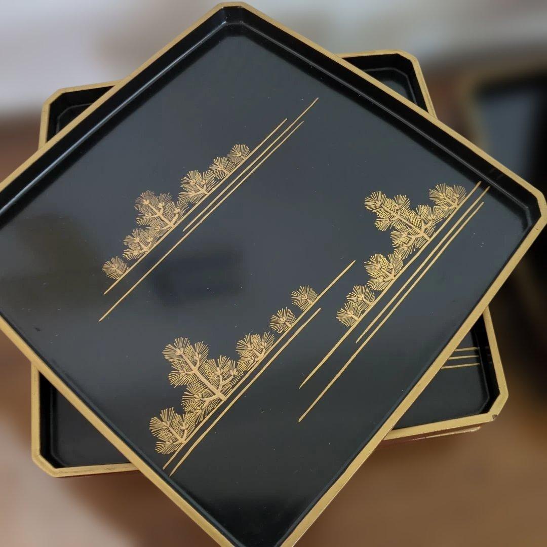 骨董 お膳 若松 蒔絵 角切 木製 漆器 脚付き お盆 5枚の通販はau PAY