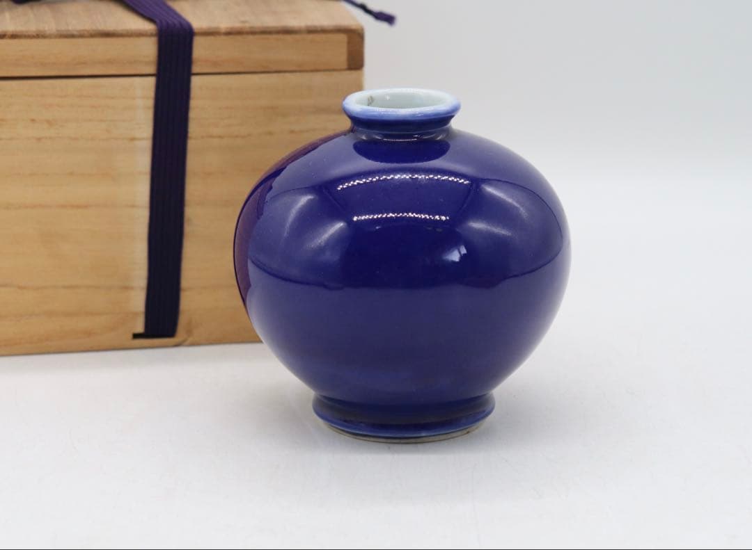 中国　清時代　藍釉小壺　木箱入　送料込み250511