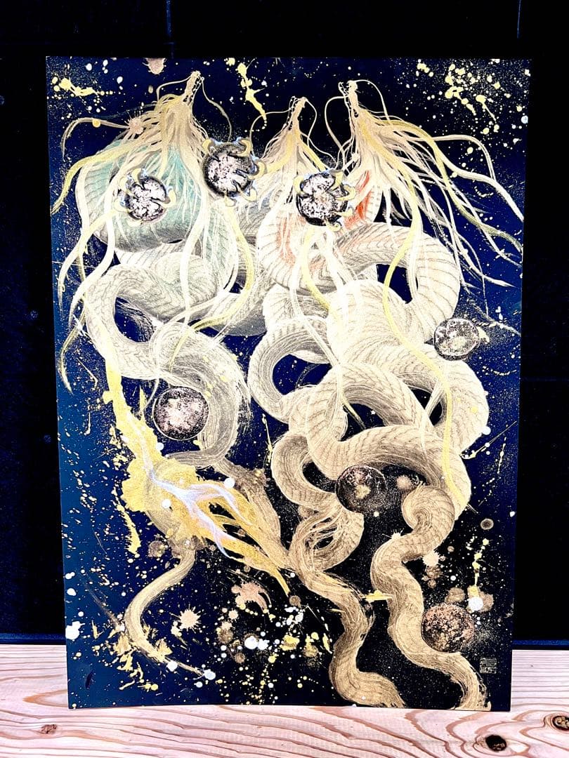 A2サイズ特大　【三柱龍神】　開運　置物　龍　絵画　一筆龍　隕石