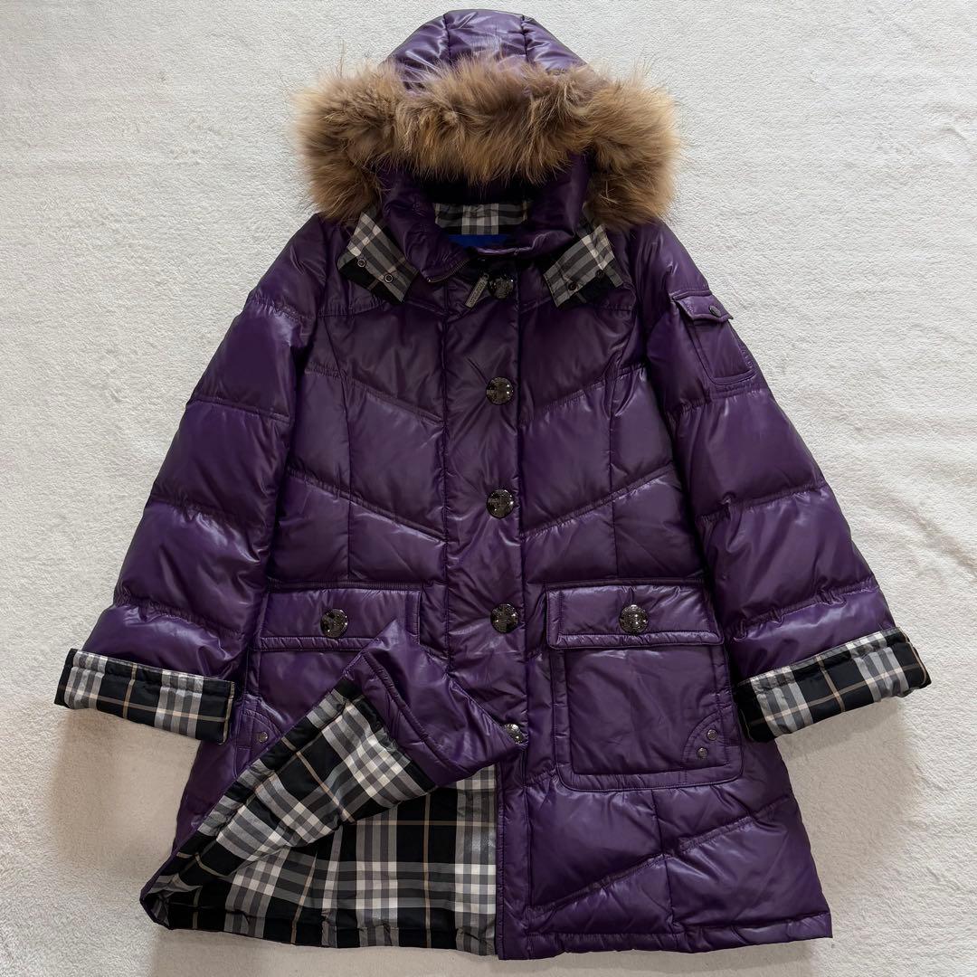 バーバリーブルーレーベル　ダウンコート　チェック　フード　ファー　パープル　L