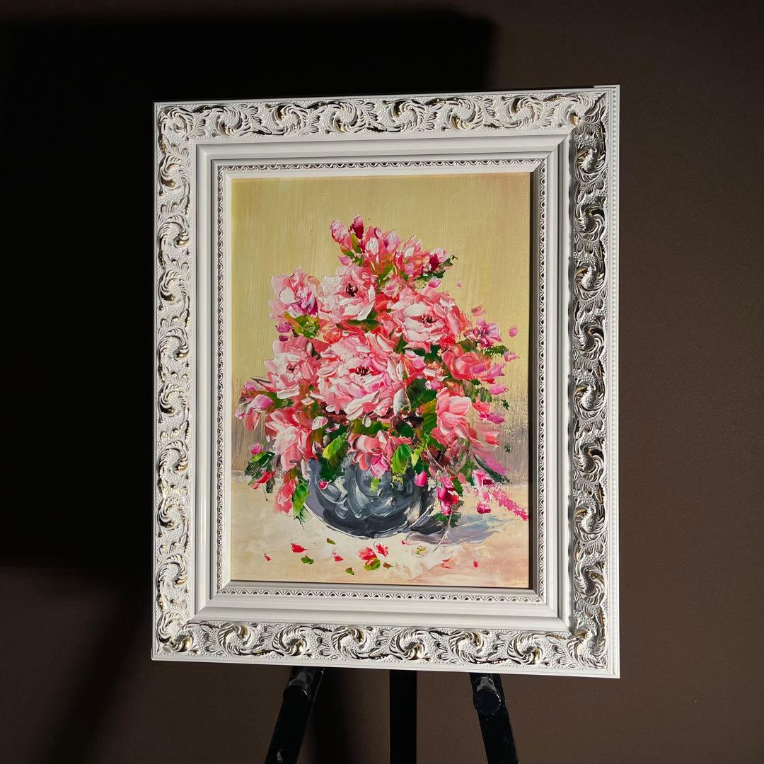 ★秀作★ 手書き油絵 花瓶の花 絵画 額付き インテリア 油彩画