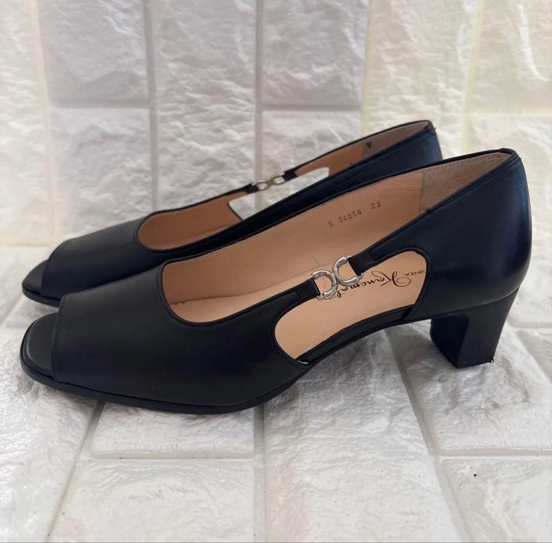 極美品⭐️銀座カネマツ⭐️オープントゥブラックパンプス23cm - メルカリ