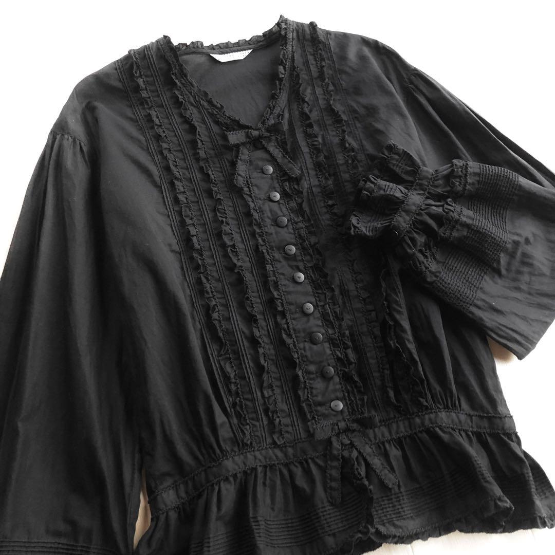 カネコイサオ 綿ローン ピンタック ピコフリル 黒 ブラウス 黒ピコフリル×ピンタックローンブラウス - ピンクハウス通販