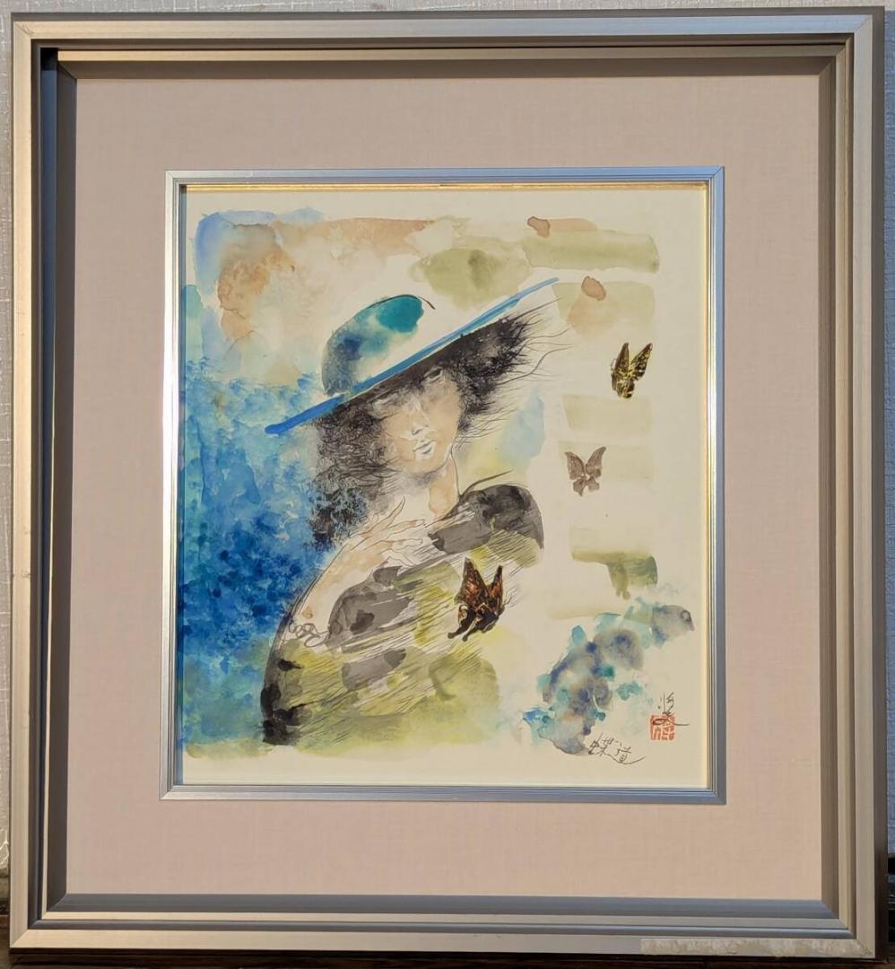 【真作】絵画　関口将夫　水彩（色紙）　青い帽子の女性と蝶　Y175