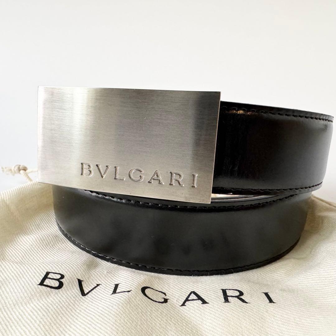 【極美品】BVLGARI　ベルト　シルバーバックル　レザー　ブラック 美品】BVLGARI ブルガリ レザーベルト ブラック スクエア シルバー