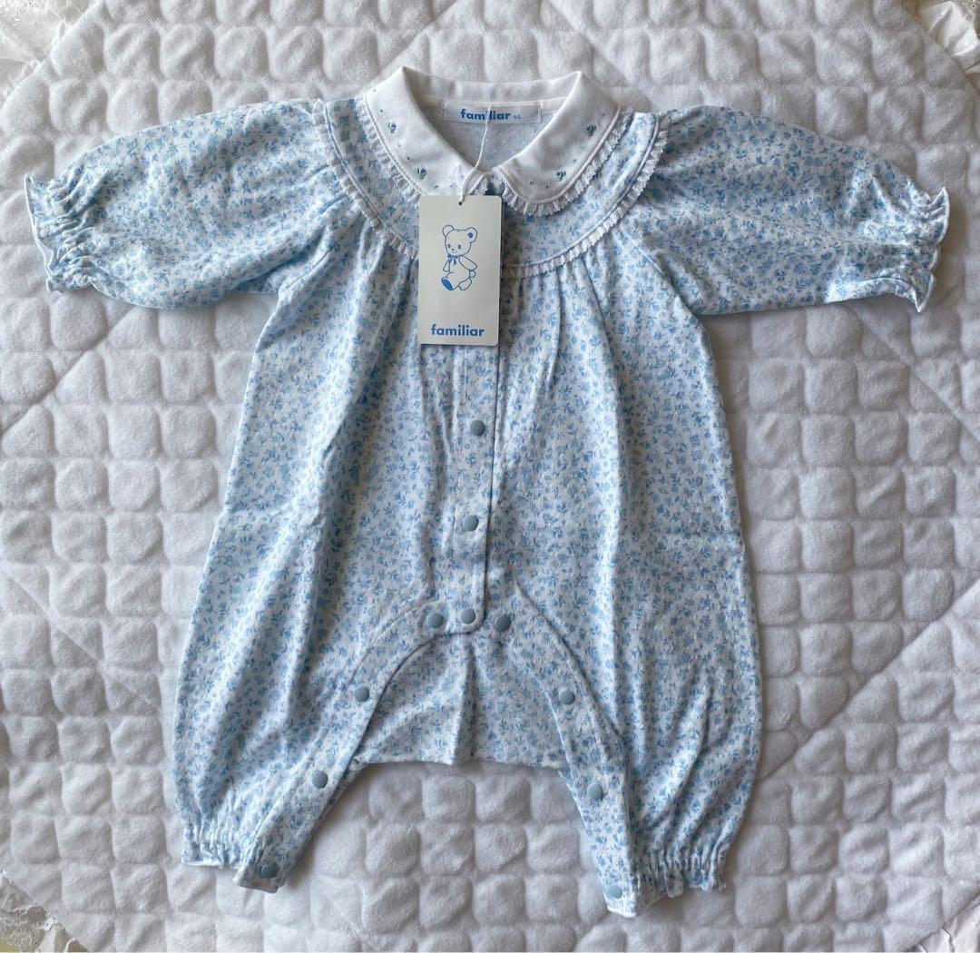 familiar ロンパース カバーオール 60 小花柄 水色 丸襟 新品未使用