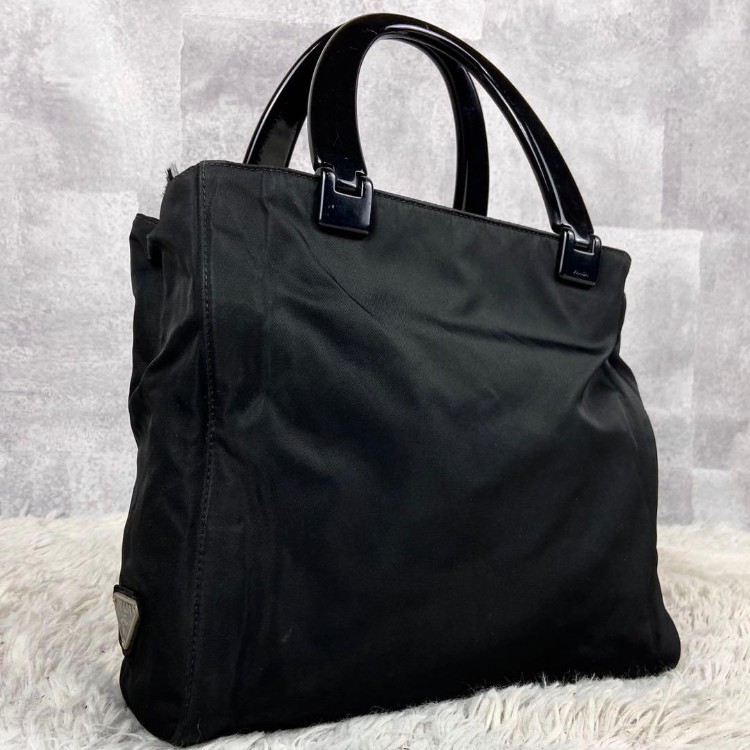 極美品 PRADA ナイロン ハンドバッグ 三角プレート ファスナー ブラック