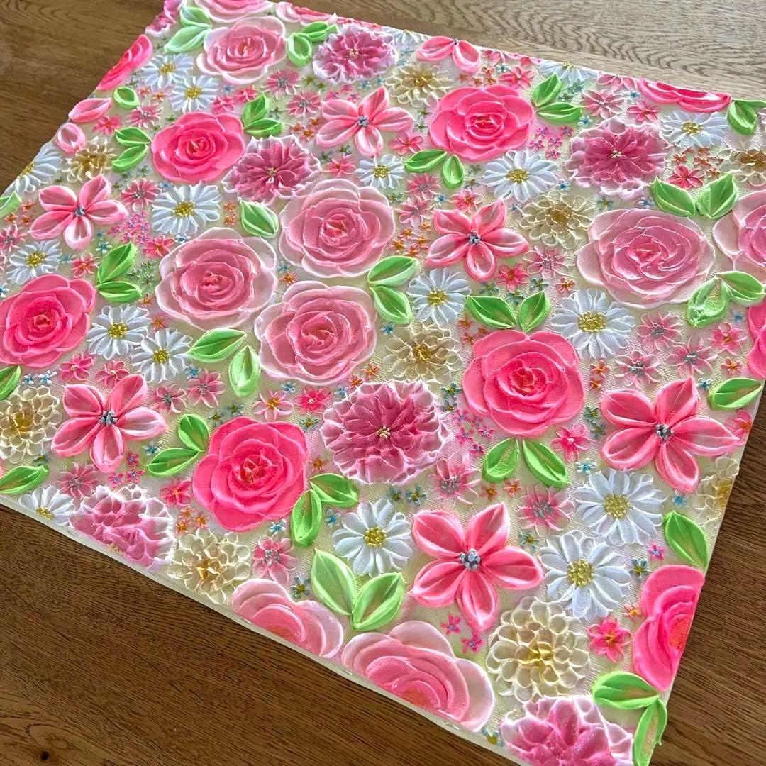 花柄 絵画 テクスチャーアート フラワーアート フランフラン　ピンクインテリア