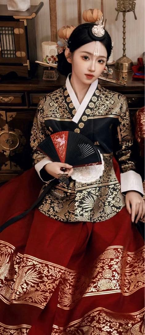 チマチョゴリ韓服黒赤タンウィ上下セット - メルカリ