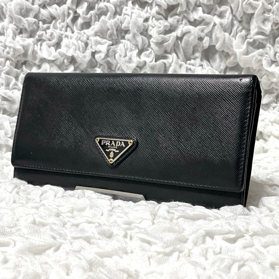 美品✨プラダ 2つ折り長財布 サイフィアーノレザー 三角プレート トライアングル