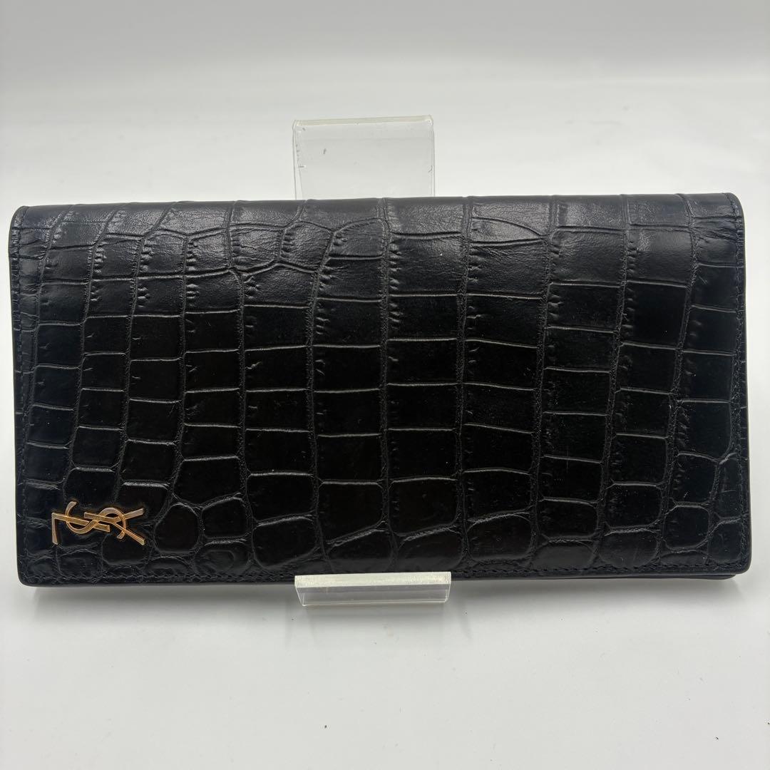 YSL クロコダイル風レザー 長財布 ブラック