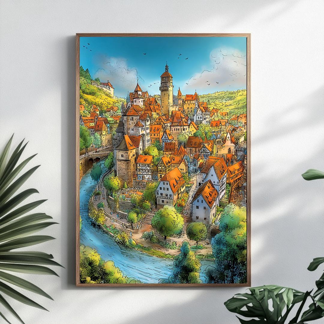 A4 ニュルンベルクの中世街並みを描いた水彩画 — ヨーロッパ アート