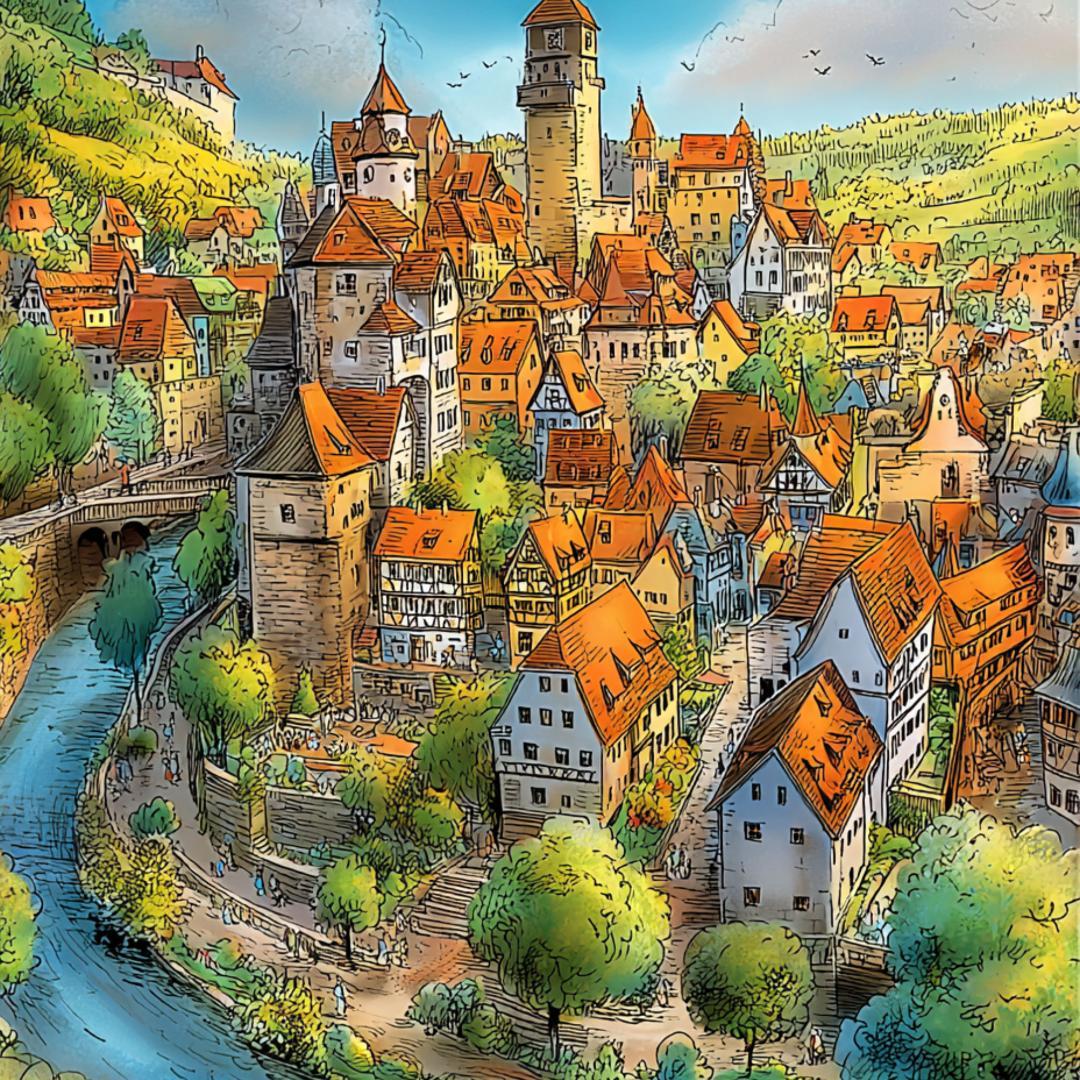 A4 ニュルンベルクの中世街並みを描いた水彩画 — ヨーロッパ アート