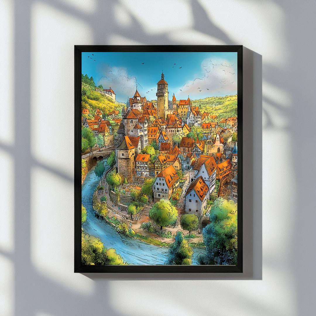 A4 ニュルンベルクの中世街並みを描いた水彩画 — ヨーロッパ アート