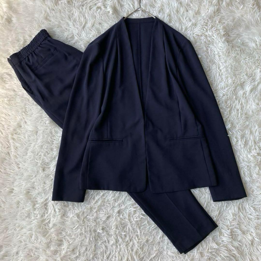 【美品】 グリーンレーベルリラクシング ノーカラー パンツスーツ ネイビー 42