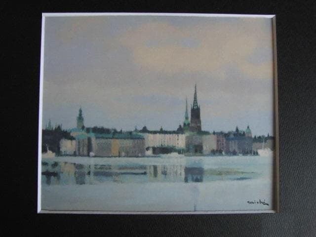 吉崎道治、【北の街にて】、希少な額装用画集画、新品高級額 額装付